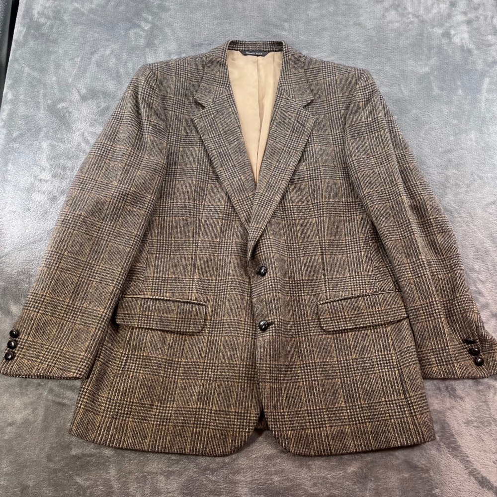 The Red Barn Mens 100% Camel Hair Glen Plaid Blazer Brown Vintage USA Made 44R
